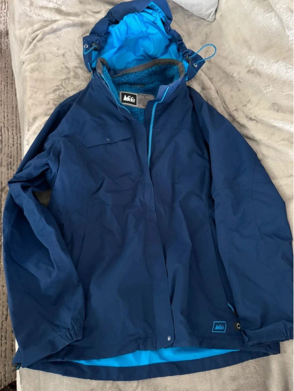 blue jacket with hood